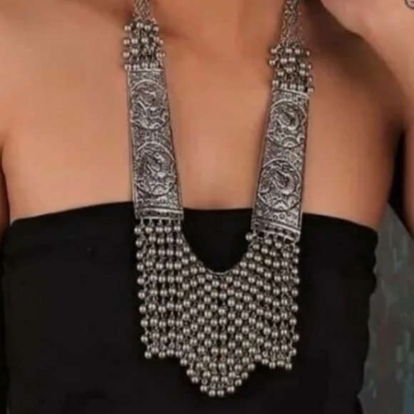 Oxidized Silver Unique Ornate Design Long Necklace - Picture 6 of 10